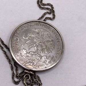 1968 Vintage Sterling Necklace Mexican Olympics 25 Peso Coin in Wrap 24” Chain